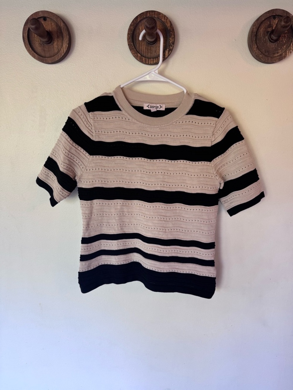 Nanette Lepore Striped Knit Short Sleeve Sweater - Black & Beige size small
